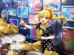  1girl blonde_hair dress long_hair ootsuki_aruru ponytail shoujo_kageki_revue_starlight smile solo yellow_eyes 