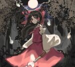  1girl bow brown_eyes brown_hair commentary_request cowboy_shot detached_sleeves full_moon gohei hair_bow hair_tubes hakurei_reimu hitodama holding long_hair long_sleeves looking_at_viewer moon night outdoors red_bow red_neckwear red_pupils red_shirt shi_chimi shirt solo touhou tree wide_sleeves wind 