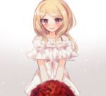  1girl akamatsu_kaede artist_name bangs bare_shoulders blonde_hair blush bouquet collarbone commentary_request dalrye_v3 dangan_ronpa dress flower gradient gradient_background grey_background hair_ornament long_hair looking_at_viewer musical_note musical_note_hair_ornament new_dangan_ronpa_v3 open_mouth red_flower short_sleeves solo violet_eyes white_background white_dress 