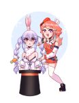  2girls absurdres animal_ears axel_(axeldiamandis) braid brown_eyes carrot chef_hat confused english_commentary food_themed_hair_ornament hair_ornament hat highres holding_ears hololive hololive_english looking_at_viewer looking_to_the_side multiple_girls open_mouth orange_hair parody rabbit_ears star-shaped_pupils star_(symbol) symbol-shaped_pupils takanashi_kiara thigh-highs top_hat triangle_mouth twin_braids usada_pekora violet_eyes virtual_youtuber 