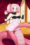  1girl :d bangs bare_shoulders bracer claw_pose commission detached_collar dress english_commentary fangs hair_ornament hairclip lamia lindaroze looking_at_viewer maru_(monster_musume) monster_girl monster_musume_no_iru_nichijou open_mouth parted_bangs pink_dress pink_hair pointy_ears scales slit_pupils smile solo tail twintails yellow_eyes 