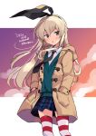  1girl blonde_hair clouds coat collared_shirt dress_shirt duffel_coat gloves green_vest hairband kantai_collection long_hair necktie odawara_hakone school_uniform shimakaze_(kantai_collection) shirt skirt striped striped_legwear thigh-highs vest wind 