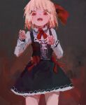  1girl :o adapted_costume alternate_costume bangs black_skirt blonde_hair bow claw_pose collared_shirt cowboy_shot dark_background frills grey_background hair_ribbon hands_up long_sleeves looking_down no_lineart open_mouth red_background red_bow red_eyes red_nails red_neckwear red_ribbon reddizen ribbon rumia sharp_teeth shirt short_hair skirt skirt_set sleeveless solo teeth touhou two-tone_background white_shirt 