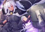  1girl absurdres black_gloves black_nails breasts brown_eyes cannon dark_skin gloves graphite_(medium) grey_hair hair_between_eyes highres huge_filesize kantai_collection large_breasts mashiro_yukiya millipen_(medium) musashi_(kantai_collection) partially_fingerless_gloves remodel_(kantai_collection) rigging shell short_hair_with_long_locks solo traditional_media turret twintails 