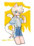  1boy animal_ears blonde_hair blue_eyes blue_shirt blue_shorts cat_ears cat_tail cropped_legs hand_up highres looking_at_viewer male_focus mouse original puffy_short_sleeves puffy_sleeves red_eyes shima_(wansyon144) shirt short_sleeves shorts solo standing suspender_shorts suspenders tail twitter_username 