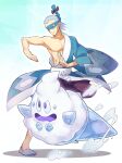  1boy bow brycen_(pokemon) closed_mouth commentary_request eye_mask gen_5_pokemon grey_footwear gym_leader hair_bow lobolobo2010 male_focus muscle open_mouth pokemon pokemon_(creature) pokemon_(game) pokemon_bw sash shoes silver_hair vanillish violet_eyes 