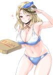  1girl bikini blonde_hair blue_bikini breasts heart highres houston_(kantai_collection) kantai_collection large_breasts long_hair multicolored multicolored_bikini multicolored_clothes navel official_alternate_costume pizza_box simple_background solo standing swimsuit takomeshi visor_cap white_background white_bikini yellow_eyes 