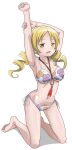  1girl arms_up barefoot bikini blonde_hair breasts drill_hair feathers floral_print full_body hair_ornament hairpin highres jewelry kneeling large_breasts long_hair looking_at_viewer magia_record:_mahou_shoujo_madoka_magica_gaiden mahou_shoujo_madoka_magica navel necklace riokasen simple_background solo swimsuit tomoe_mami twin_drills white_background white_bikini yellow_eyes 