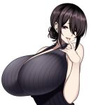  1girl bare_shoulders black_hair breasts camui_kamui earrings eyebrows eyelashes female finger_licking highres huge_breasts jewelry large_breasts licking looking_at_viewer mole mole_under_eye original pink_eyes ribbed_sweater short_hair simple_background sleeveless_sweater smile sweater tied_hair tongue upper_body white_background 
