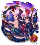  1girl absurdres aircraft bangs black_hair blue_jacket blue_skirt breasts clouds earrings essual_(layer_world) fate/grand_order fate_(series) high_heels highres hoop_earrings hot_air_balloon ishtar_(fate)_(all) ishtar_(fate/grand_order) jacket jewelry long_hair long_sleeves looking_at_viewer medium_breasts necklace open_mouth pencil_skirt red_eyes red_footwear red_shirt revision shirt skirt sky solo tiara two_side_up 