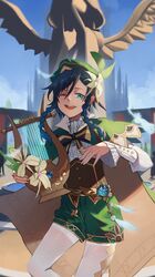  1boy absurdres bard black_hair blue_eyes blue_hair blurry blurry_background braid cape clouds cloudy_sky feathers flower gem genshin_impact gradient_hair green_headwear hair_flower hair_ornament hat highres huge_filesize jack1emo jewelry long_sleeves looking_at_viewer lyre male_focus multicolored_hair one_eye_closed open_mouth otoko_no_ko pantyhose shorts sky smile solo statue thigh-highs twin_braids venti_(genshin_impact) vision_(genshin_impact) white_legwear 