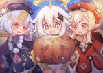  3girls :d ahoge bangs blue_eyes candy elxion food genshin_impact hair_between_eyes halloween halo hat_feather highres jewelry klee_(genshin_impact) multiple_girls necklace open_mouth paimon_(genshin_impact) pointy_ears pumpkin qiqi red_eyes red_headwear short_hair smile star-shaped_pupils star_(symbol) symbol-shaped_pupils violet_eyes white_hair 