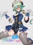  1girl animal_ears antenna_hair bangs beret blue_dress blush boots breasts broken_glass cat_ears clenched_teeth commentary_request covered_navel cuboon dress eyebrows_visible_through_hair gameplay_mechanics genshin_impact glass glasses gloves gold_trim green_hair grey_background grey_legwear hair_between_eyes hat holding holding_test_tube knee_boots liquid low_ponytail medium_breasts multicolored_hair nose_blush orange_eyes ponytail semi-rimless_eyewear sexually_suggestive shrug_(clothing) sidelocks sitting skindentation solo steam sucrose_(genshin_impact) teeth test_tube thigh-highs translated vial vision_(genshin_impact) wariza white_footwear white_gloves white_headwear zettai_ryouiki 