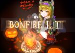 1girl black_footwear bonfire_(dark_souls) bow chanraykotomine commentary_request dark_souls dated dress english_text eyebrows_visible_through_hair fire green_eyes green_hair hair_bow halloween headband highres holding holding_skull horns jack-o&#039;-lantern long_hair looking_at_viewer original osanai_(shashaki) planted_sword planted_weapon pumpkin shoe_bow shoes sidelocks signature skull smile souls_(from_software) squatting sword weapon wings 