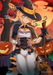  1girl absurdres artist_name ass_visible_through_thighs bangs belt black_capelet black_gloves blonde_hair blue_eyes broom candy capelet commentary english_commentary flask food full_moon genshin_impact gloves hair_over_one_eye halloween hat highres huge_filesize jack-o&#039;-lantern jean_gunnhildr long_hair moon newmoonshira pants parted_lips red_sky side_ponytail sidelocks sky smile solo spider_web_print thigh_gap tight tight_pants white_pants witch_hat 