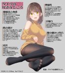  1girl :d bangs bare_shoulders black_legwear blush breasts brown_eyes brown_hair brown_sweater clothing_cutout commentary_request dated dress eyebrows_visible_through_hair full_body grey_background gurande_(g-size) hair_between_eyes highres looking_at_viewer medium_breasts narumiya_tayori open_mouth original pantyhose shoulder_cutout simple_background smile solo sweater sweater_dress thighband_pantyhose tights_day translation_request 