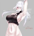  1girl armpits artist_name azur_lane blush breasts colorado_(azur_lane) covered_nipples grey_background hair_over_one_eye highres impossible_clothes large_breasts long_hair pale_skin paundo2 red_eyes sideboob simple_background skin_tight solo stomach white_hair 