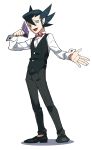  1boy bangs black_hair black_pants black_vest bow bowtie buttons card commentary_request full_body grimsley_(pokemon) hair_between_eyes hand_up holding holding_card lobolobo2010 long_sleeves looking_at_viewer male_focus open_mouth outstretched_arm pants pokemon pokemon_(game) pokemon_bw red_neckwear shirt shoes solo standing tongue vest white_shirt 