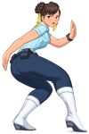  1girl ass belt_pouch blue_shirt boots breasts brown_eyes brown_hair chun-li denim double_bun fighting_stance flat_ass hair_ribbon highres jeans medium_breasts official_alternate_costume open_mouth pants police police_uniform policewoman pouch ribbon shigenobu shirt short_sleeves solo street_fighter street_fighter_v uniform watch watch white_footwear 