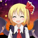  1girl :d ^_^ ascot bat_wings blonde_hair blush_stickers cato_(monocatienus) closed_eyes commentary eyebrows_visible_through_hair facing_viewer fake_wings fang hair_ribbon halloween medium_hair open_mouth red_neckwear red_ribbon ribbon rumia smile solo star_(symbol) touhou upper_body wings 