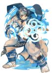  1boy :o absurdres animal_ears bara bare_chest chest chest_hair fighting_stance full_body furry grey_fur grey_hair headband highres horkeu_kamui_(tokyo_houkago_summoners) jacket jacket_on_shoulders male_focus multicolored_hair muscle pelvic_curtain revealing_clothes short_hair silver_hair solo tail thick_thighs thighs tokyo_houkago_summoners two-tone_fur vambraces white_fur wolf_boy wolf_ears wolf_tail yellow_eyes zuoyu4 