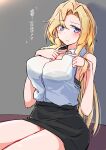  1girl black_skirt blonde_hair breasts commentary_request dress_shirt gradient gradient_background grey_background grey_eyes highres hornet_(kantai_collection) index_fingers_together kantai_collection komb large_breasts long_hair looking_at_viewer pencil_skirt shirt sitting skirt sleeveless sleeveless_shirt solo translation_request white_shirt 