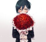  1boy ahoge artist_name bangs black_hair black_jacket blush bouquet brown_eyes commentary_request dalrye_v3 dangan_ronpa flower hair_between_eyes holding holding_bouquet jacket long_sleeves looking_at_viewer male_focus new_dangan_ronpa_v3 red_flower red_ribbon ribbon saihara_shuuichi short_hair solo upper_body white_ribbon 