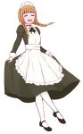  1girl :d alternate_costume apron bangs black_footwear black_ribbon black_shirt black_skirt blunt_bangs blush braid brown_hair closed_eyes dokidoki!_precure enmaided facing_viewer floating_hair frilled_apron frills full_body grey_background highres long_hair long_skirt long_sleeves maid maid_headdress neck_ribbon open_mouth pantyhose precure ribbon shirt simple_background skirt skirt_hold smile solo twin_braids unpale white_apron white_legwear yotsuba_alice 