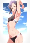  1girl arm_up armpits blue_sky breasts clouds commentary_request day idolmaster idolmaster_(classic) kikuchi_makoto long_hair looking_at_viewer midriff navel open_mouth purple_hair revision short_hair sky small_breasts solo sports_bra sportswear sweat tengu_(tetuo_kun) 