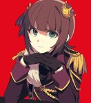  1girl aiguillette amami_haruka ap_bar brown_gloves brown_hair crown epaulettes eyebrows_visible_through_hair frown glaring gloves green_eyes hair_ribbon hands_clasped idolmaster idolmaster_(classic) long_sleeves military military_uniform mini_crown own_hands_together red_background ribbon short_hair simple_background solo uniform upper_body 
