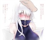  1girl azur_lane bare_shoulders blue_dress blush breasts colorado_(azur_lane) detached_sleeves dress high_collar large_breasts long_hair paundo2 petting red_eyes sideboob simple_background translation_request white_background white_hair 