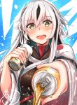 1girl absurdres alcohol beer beer_can can fate/grand_order fate_(series) fingernails fueto_hiroki highres long_hair multicolored_hair nagao_kagetora_(fate) signature spilling two-tone_hair white_hair wide_sleeves 