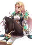  1girl bangs bare_shoulders black_legwear blonde_hair breasts chest_jewel dress earrings elbow_gloves full_body gem gloves gonzarez highres jewelry large_breasts legs long_hair looking_afar mythra_(xenoblade) pantyhose short_dress signature simple_background sitting solo super_smash_bros. swept_bangs thigh_strap tiara upskirt very_long_hair white_background white_dress white_footwear white_gloves xenoblade_chronicles_(series) xenoblade_chronicles_2 yellow_eyes 