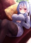  1girl beniko_(ymdbnk) black_legwear breasts couch eyebrows_visible_through_hair grey_sweater hair_between_eyes hair_intakes highres large_breasts long_hair long_sleeves looking_at_viewer lying on_back on_couch original pantyhose pillow red_eyes sidelocks silver_hair smile solo sweater thighband_pantyhose twintails 