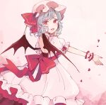  1girl back_bow back_cutout bat_wings blue_hair bow clothing_cutout commentary_request cowboy_shot dress fingernails flandre_scarlet from_behind hand_up hat hat_ribbon long_fingernails looking_at_viewer looking_back mob_cap mozukuzu_(manukedori) open_mouth outstretched_arm petals pink_background pink_dress pink_headwear puffy_sleeves red_bow red_eyes red_nails red_ribbon ribbon short_hair smile solo touhou wavy_hair wings wrist_cuffs 