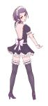  1girl alternate_costume back_bow backless_dress backless_outfit bangs black_legwear bow dokidoki!_precure dress enmaided frilled_dress frills from_above full_body garters grey_background half-closed_eyes high_heels highres kenzaki_makoto layered_dress looking_at_viewer looking_back maid maid_headdress open_mouth precure pumps purple_footwear purple_hair shiny shiny_hair short_dress short_hair shoulder_blades simple_background solo swept_bangs thighs unpale violet_eyes white_bow wrist_cuffs 