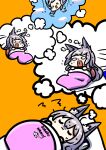  &gt;_&lt; 1girl :3 animal_ear_fluff animal_ears azur_lane bangs blush chibi clouds commentary_request dreaming dreaming_in_dream falling fox_ears futon grey_hair hair_between_eyes highres kagami_kino long_hair lying motion_lines nightmare o_o on_back open_mouth orange_background recursion romaji_text shinano_(azur_lane) sidelocks sleeping sweat sweating_profusely thought_bubble turn_pale u_u uwu waking_up 