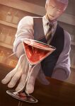  2boys alcohol bar bartender black_vest bottle cocktail_glass cornrows cu_chulainn_(fate)_(all) cu_chulainn_alter_(fate/grand_order) cup dark_skin drinking_glass dutch_angle emiya_alter fate/grand_order fate_(series) looking_at_viewer male_focus multiple_boys necktie reflection ro_(pixiv34009774) shelf shirt striped striped_neckwear vest white_hair white_shirt yellow_eyes 