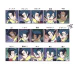  1boy absurdres aqua_eyes bangs blush clenched_teeth closed_eyes coin commentary_request grimsley_(pokemon) hair_between_eyes hand_on_own_cheek hand_up head_down head_tilt highres lobolobo2010 looking_at_viewer looking_away male_focus multiple_views one_eye_closed open_mouth parted_lips pokemon pokemon_(game) pokemon_bw scarf smile sweat tearing_up teeth tongue translation_request yellow_scarf 