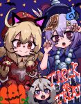  3girls :3 ahoge bangs blood blood_from_mouth blue_eyes fang genshin_impact hair_between_eyes halloween halo hat_feather highres jewelry klee_(genshin_impact) multiple_girls necklace open_mouth paimon_(genshin_impact) pointy_ears ppyumeuleulu qiqi red_eyes red_headwear short_hair violet_eyes white_hair 