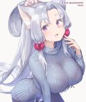  1girl :3 alternate_costume animal_ear_fluff animal_ears blue_sweater breasts fox_ears grey_background grey_hair hair_ornament hair_scrunchie large_breasts long_hair long_sleeves mochi_(mochi444420) open_mouth ponytail ribbed_sweater scrunchie signature simple_background solo sweater touhoku_itako turtleneck turtleneck_sweater twitter_username utau violet_eyes voiceroid 
