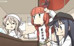  =_= akatsuki_(kantai_collection) alternate_costume anchor_symbol bandana bangs black_headwear blunt_bangs braid chopsticks commentary_request counter dated de_ruyter_(kantai_collection) eating flat_cap food green_eyes grey_hair hamu_koutarou hat highres kantai_collection long_hair noodles pola_(kantai_collection) ramen redhead remodel_(kantai_collection) side_braid soap_bubbles sweater translation_request upper_body wavy_hair white_sweater windmill 