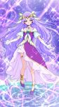  1girl anklet bangs blue_eyes circlet closed_mouth collarbone criss-cross_halter cure_earth dress elbow_gloves full_body gloves halterneck healin&#039;_good_precure highres jewelry layered_skirt long_hair looking_at_viewer miniskirt parted_bangs precure pumps purple_dress purple_footwear purple_hair shiny shiny_hair skirt skirt_under_dress smile solo thighlet tj-type1 very_long_hair white_gloves white_skirt 