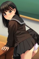  1girl :o absurdres ass bag bangs black_hair black_sailor_collar black_skirt blush brown_eyes brown_shirt eyebrows_visible_through_hair highres indoors long_hair long_sleeves looking_at_viewer looking_to_the_side matsunaga_kouyou nose_blush original panties parted_lips pleated_skirt sailor_collar school_bag school_uniform serafuku shirt skirt sleeves_past_wrists solo underwear white_panties 