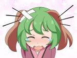  1girl animal_ears bangs cato_(monocatienus) commentary crying emphasis_lines eyebrows_visible_through_hair facing_viewer green_hair kasodani_kyouko open_mouth portrait short_hair simple_background solo tears touhou wavy_mouth 