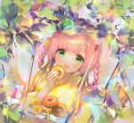  1girl 888myrrh888 :d bangs blush braid commentary_request commission copyright_request doughnut eyebrows_behind_hair floral_print food green_eyes hair_rings hand_up holding holding_food japanese_clothes kimono leaf long_hair long_sleeves looking_at_viewer open_mouth pink_hair pointy_ears print_kimono skeb_commission smile solo upper_body virtual_youtuber wide_sleeves yellow_kimono 