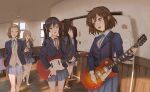  5girls :d ;d akiyama_mio bangs black_hair black_legwear blazer blonde_hair blue_eyes blue_jacket book bookshelf brown_eyes brown_hair chair collared_shirt dress_shirt drumsticks guitar guitar_case hair_between_eyes hairband hirasawa_yui indoors instrument instrument_case jacket k-on! kotobuki_tsumugi long_hair long_sleeves maachi_(fsam4547) multiple_girls nakano_azusa one_eye_closed open_mouth pleated_skirt sakuragaoka_high_school_uniform school_uniform shirt shoes short_hair sidelocks skirt smile tainaka_ritsu thick_eyebrows twintails uwabaki white_shirt window wooden_floor yellow_eyes 