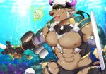  1boy abs alternate_costume animal_ears bara bare_chest bare_shoulders bulge bursting_pecs camouflage chest chest_hair chest_harness cow_boy cow_ears cow_horns fingerless_gloves furry gloves harness headband holding holding_sword holding_weapon horns male_focus male_swimwear muscle navel nipples pectoral_press purple_horns revealing_clothes shennong_(tokyo_afterschool_summoners) short_hair sideburns solo swim_briefs swimwear sword thick_thighs thighs tokyo_houkago_summoners underwater violet_eyes weapon white_hair yanai_inaya yin_yang 