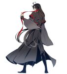  1boy beaugi black_hair chinese_clothes full_body holding holding_ribbon long_hair male_focus mo_dao_zu_shi red_eyes red_ribbon ribbon simple_background standing very_long_hair white_background wide_sleeves wuxian_wei 