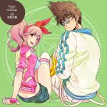  1boy 1girl 2019 :d bow bow_hairband breasts brown_hair butt_crack closed_mouth denim denim_shorts fingerless_gloves flower from_behind frown gloves green_background green_shorts hair_bow hairband highres jacket kutsuno long_hair looking_at_viewer looking_back looking_over_eyewear macross macross_7 macross_delta makina_nakajima medium_breasts midriff nekki_basara open_clothes open_jacket open_mouth pants pink_gloves pink_hair pink_jacket red_bow red_eyes red_hairband rose round_eyewear shiny shiny_hair short_hair short_shorts shorts sleeves_rolled_up smile spiky_hair sunglasses sweater thighs torn_clothes torn_shorts twintails white_legwear white_pants yellow_flower yellow_rose yellow_sweater 